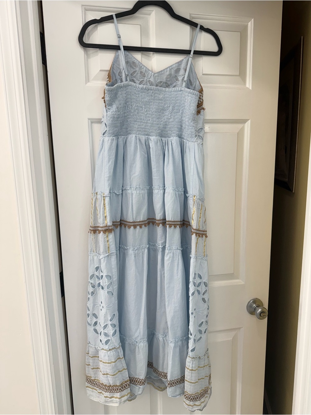 Sky Blue Embroidered Maxi Dress with Gold Trim - Picture 2 of 4